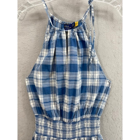 New Polo Ralph Lauren Dress Sz 6 Blue Plaid Smocked Halter Tiered Midi Cotton - Picture 3 of 13